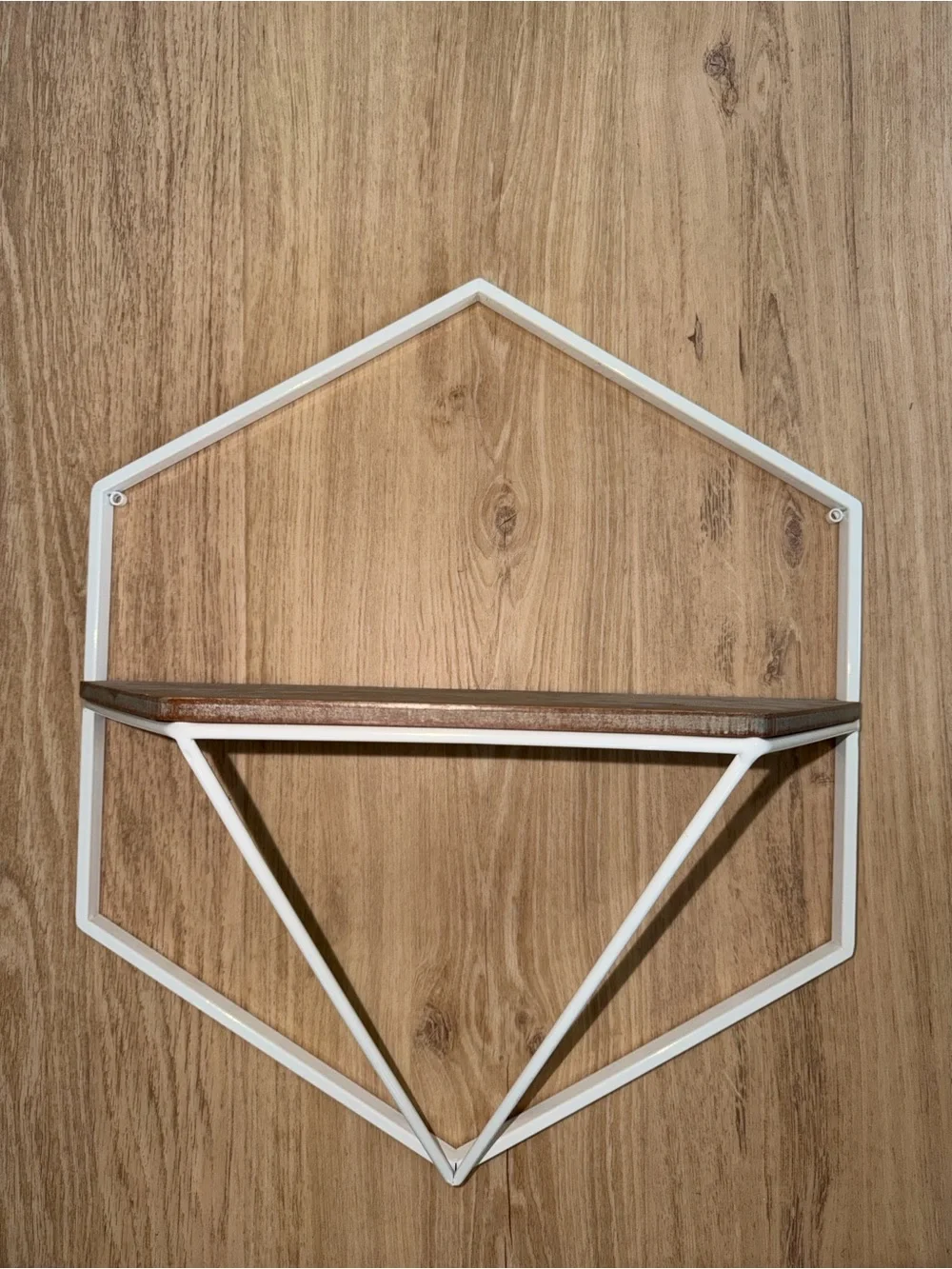 White Hexagon Wall Shelf with Wood Accent - Home Wall Decor